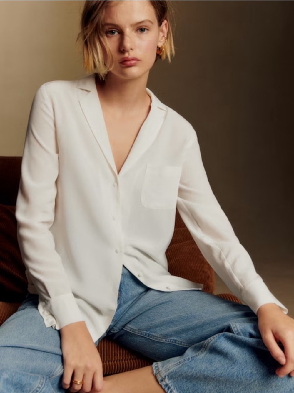Sezane Florence Silk Button Down Shirt Blouse Cream/Ivory Size 6
